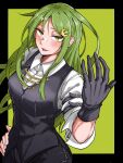 1girl aged_up alternate_costume black_gloves black_vest blush breasts collared_shirt crescent crescent_hair_ornament gloves green_eyes green_hair hair_between_eyes hair_ornament hand_on_own_hip highres kantai_collection long_hair looking_at_viewer matuki-san medium_breasts nagatsuki_(kancolle) parted_lips shirt simple_background single_glove solo sparkle two-tone_background vest white_shirt 