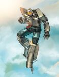  absurdres clenched_hand clouds english_commentary flying gobots highres jetstormsifuentes leader-1 machine_robo mecha no_humans original redesign robot science_fiction signature sun sunlight 
