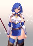  1girl :o armor blue_eyes blue_hair boots brown_footwear catria_(fire_emblem) commentary_request detached_sleeves fire_emblem fire_emblem:_shadow_dragon_and_the_blade_of_light gradient_background headband holding holding_polearm holding_weapon kirishima_satoshi looking_at_viewer partial_commentary pegasus_knight_uniform_(fire_emblem) polearm short_hair side_slit simple_background solo thigh-highs thigh_boots weapon white_background white_headband zettai_ryouiki 