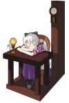  1girl blush boots bow chair clock closed_eyes fate/stay_night fate_(series) hair_bow illyasviel_von_einzbern japanese_clothes kaze_shibuki kimono long_hair oil_lamp open_mouth purple_bow sitting sleeping solo table wall_clock white_hair yagasuri 