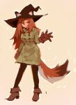  1girl animal_ears beenos324 boots brown_hair full_body gloves hat highres long_hair original red_eyes simple_background solo standing tagme tail witch_hat 