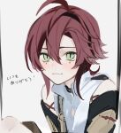  1boy ahoge armor black_choker blush choker closed_mouth commentary_request dark_red_hair genshin_impact green_eyes hairband hnnoo japanese_armor looking_at_viewer male_focus mole mole_under_eye multicolored_hair multiple_moles portrait redhead shikanoin_heizou shirt short_hair simple_background smile solo streaked_hair translation_request two-tone_hair white_background white_shirt 