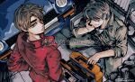  2boys artist_name asakura_akio black_eyes brown_eyes brown_hair car closed_mouth commentary_request copyright_name dated datsun_240z devil_z expressionless full_body grey_hair grey_jumpsuit hand_on_own_cheek hand_on_own_face highres jacket jumpsuit kitami_jun long_sleeves looking_at_viewer looking_back male_focus medium_bangs motor_vehicle multiple_boys nissan_fairlady_z red_jacket scar scar_across_eye screwdriver short_hair sleeves_rolled_up smile squatting toolbox unknown03162 upper_body wangan_midnight 
