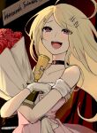  1girl :d ahoge akamatsu_kaede alternate_costume bare_shoulders black_choker blonde_hair blush bouquet choker collarbone danganronpa_(series) danganronpa_v3:_killing_harmony flower gloves hair_ornament highres holding holding_bouquet hwang_(h751073) long_hair musical_note musical_note_hair_ornament off_shoulder red_flower red_rose rose smile solo standing tearing_up tears teeth upper_teeth_only white_gloves 