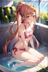 1girl ai-generated ai_generated asuna_(sao) asuna_(sao-alo) bare_shoulders bathing bikini blush looking_at_viewer ponytail sword_art_online water wet wet_clothes wet_swimsuit