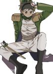  1boy :/ absurdres alternate_costume black_footwear blush bow bowtie brown_hair danganronpa_(series) danganronpa_2:_goodbye_despair green_bow green_bowtie green_eyes green_headwear green_jacket gu_(cubtable) hairband highres hinata_hajime jacket looking_down male_focus monokuma pants shirt short_hair simple_background solo staff_(music) sweatdrop white_background white_pants white_shirt 