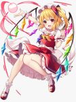  1girl :d ankle_socks apple ascot blonde_hair blush bobby_socks commentary crystal fang flandre_scarlet food frilled_shirt_collar frilled_sleeves frills fruit full_body hat hat_ribbon looking_at_viewer medium_hair mob_cap one_side_up open_mouth outstretched_arm rainbow_order red_eyes red_footwear red_ribbon red_skirt red_vest ribbon ruhika shirt shoes short_sleeves simple_background skirt smile socks solo split_mouth touhou vest white_background white_headwear white_shirt white_socks wings wrist_cuffs yellow_ascot 