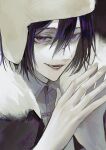  1boy black_hair bungou_stray_dogs coat fingernails fur-trimmed_coat fur_trim fyodor_dostoyevsky_(bungou_stray_dogs) hair_between_eyes highres looking_at_viewer lower_teeth_only male_focus neri_(zooorooo-1115) open_mouth own_hands_together smile solo teeth upper_body violet_eyes 