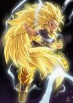  1girl alternate_universe benoit_picard black_tank_top blonde_hair breasts commentary dragon_ball energy english_commentary green_eyes highres long_hair looking_at_viewer orange_pants pan_(dragon_ball) pants serious small_breasts solo spiky_hair super_saiyan super_saiyan_3 tank_top torn_clothes very_long_hair 