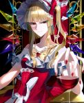  1girl bare_shoulders blonde_hair blunt_bangs bow crystal cup dress drinking_glass eyelashes flandre_scarlet frilled_bow frills hat highres medium_hair nubezon one_side_up red_bow red_dress red_eyes red_nails red_wine sidelocks solo touhou v-shaped_eyebrows wine_glass wings 