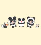  2girls animal_ears animal_hood black_hair blue_eyes blunt_bangs blush blush_stickers chibi guriming highres hood looking_at_viewer multiple_girls open_mouth original panda panda_ears panda_hood simple_background smile yellow_background 