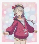  1girl braid braided_ponytail fire_emblem fire_emblem_engage framme_(fire_emblem) hair_between_eyes jacket kaniku_mirai official_alternate_costume open_mouth parted_bangs pink_jacket shorts smile solo upper_body 