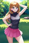  1girl ai-generated ai_generated bare_arms bare_shoulders blonde_hair blue_eyes earrings forest girl long_hair miniskirt outdoors pokemon pokemon_xy posing serena_(pokemon) skirt smile 