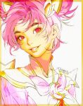  1girl border bow brooch crescent_brooch freckles highres jewelry jian_tai_(cuoyu0) league_of_legends looking_at_viewer official_alternate_costume official_alternate_hairstyle orange_border parted_bangs pink_bow pink_eyes pink_hair short_twintails signature simple_background smile solo star_guardian_taliyah taliyah tan twintails white_background 