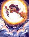  blush_stickers broom broom_riding clouds cloudy_sky flying full_body full_moon harukui hat highres huge_moon kirby kirby_(series) lantern looking_to_the_side moon night night_sky no_humans sky solo witch_hat 