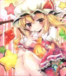  1girl ascot breasts closed_mouth clothes_lift crystal feet_out_of_frame finger_to_mouth flandre_scarlet frilled_ascot frilled_sleeves frills hair_between_eyes hat hat_ribbon highres large_wings lifted_by_self light_smile looking_at_viewer medium_hair mob_cap multicolored_wings one_side_up puffy_short_sleeves puffy_sleeves red_eyes red_ribbon red_skirt red_vest ribbon shirt short_sleeves skirt skirt_lift small_breasts solo star_(symbol) touhou traditional_media vest white_headwear white_shirt wings wrist_cuffs yellow_ascot yukkii_(yukkii710) 