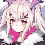  1girl arknights blonde_hair brown_hair coat eyelashes fur-trimmed_coat fur_trim hair_ornament hairclip head_wings long_hair looking_at_viewer manticore_(arknights) open_mouth pointy_ears portrait sidelocks solo twintails varinr wings 