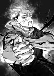  1boy absurdres aura clenched_hand cowboy_shot email2140 greyscale highres hood hood_down hoodie itadori_yuuji jacket jujutsu_kaisen jujutsu_tech_uniform looking_at_viewer male_focus monochrome parted_lips scar scar_on_face school_uniform short_hair sleeves_rolled_up solo undercut 