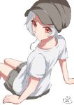  1girl absurdres artist_logo brown_headwear brown_shorts closed_mouth elf highres invisible_chair mushoku_tensei neco_moneco pointy_ears red_eyes shirt short_hair shorts simple_background sitting smile solo sylphiette_(mushoku_tensei) white_background white_shirt 