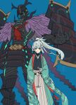  1boy 1other ambiguous_gender androgynous aqua_kimono armor black_armor blue_background blue_eyes closed_mouth commentary_request expressionless fate/samurai_remnant fate_(series) feather_trim floating_hair full_armor gauntlets grey_hair grey_hakama hakama hakama_skirt haori height_difference helmet highres holding holding_sword holding_weapon japanese_armor japanese_clothes kabuto_(helmet) katana kibou kimono long_hair looking_at_viewer ponytail rider_(fate/samurai_remnant) simple_background skirt sword weapon wide_sleeves yui_shousetsu_(fate) 