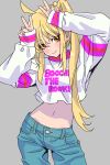 1girl absurdres ahoge arms_up blonde_hair bocchi_the_rock! brown_eyes closed_mouth contrapposto copyright_name cowboy_shot crop_top denim detached_ahoge double_v grey_background highres ijichi_nijika jacket jeans long_hair long_sleeves looking_at_viewer navel pants print_jacket simple_background solo standing straight-on v white_jacket yamashita_shun&#039;ya 