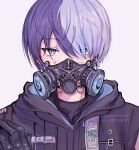  1boy aoyagi_touya blue_eyes blue_hair close_game/offline_(project_sekai) commentary covered_mouth dark_blue_hair grey_eyes hair_over_one_eye heart heterochromia highres hood hood_down juicelooped looking_at_viewer male_focus mask mole mole_under_eye multicolored_hair official_alternate_costume portrait project_sekai short_hair simple_background solo split-color_hair twitter_username two-tone_hair watermark 