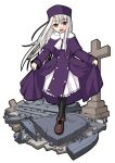  1girl black_pantyhose blush brown_footwear coat cross curtsey fate/stay_night fate_(series) full_body fur_hat hat illyasviel_von_einzbern kaze_shibuki long_hair looking_at_viewer open_mouth pantyhose papakha purple_coat purple_headwear red_eyes skirt_hold smile solo tombstone white_hair winter_clothes 
