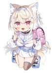 1girl aged_down animal_ear_fluff animal_ears backpack bag belt black_collar blonde_hair blue_belt blue_hair blush collar dog_ears dog_girl dress fangs fuwawa_abyssgard hair_ornament hairpin highres hololive hololive_english long_hair looking_at_viewer multicolored_hair noi_mine pink_bag pink_eyes single_fishnet_legwear skin_fangs solo spiked_collar spikes streaked_hair transparent_background two_side_up virtual_youtuber white_dress 