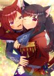  2girls :d ;) animal_ear_fluff animal_ears black_hair black_jacket blurry blurry_background brown_eyes cat_ears cat_girl cat_tail closed_mouth commentary_request commission depth_of_field dress fang final_fantasy final_fantasy_xiv heterochromia jacket jewelry kou_hiyoyo long_hair long_sleeves miqo&#039;te multicolored_hair multiple_girls one_eye_closed ponytail red_dress red_eyes red_scarf redhead ring scarf skeb_commission sleeves_past_wrists smile streaked_hair tail wide_sleeves 