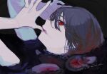  1girl commentary_request food food_on_face grey_hair hair_between_eyes highres kajiwara_3 licking licking_finger looking_at_viewer original partially_submerged profile red_eyes short_hair signature solo 