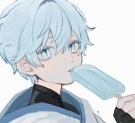  1boy black_gloves blue_eyes blue_hair chongyun_(genshin_impact) eating fingerless_gloves food genshin_impact gloves hair_between_eyes highres hnnoo holding holding_food holding_popsicle licking light_blue_hair looking_at_viewer male_focus popsicle portrait short_hair simple_background solo tongue white_background 