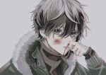  1boy black_hair blood blue_eyes bruise bruise_on_face coat earrings fur-trimmed_coat fur_trim grey_background hair_between_eyes highres injury jewelry long_sleeves looking_at_viewer male_focus nosebleed original short_hair simple_background solo sosaku_25 