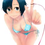  blue_eyes blue_hair breasts cleavage foreshortening hands leaning_forward nimirom original red_string solo swimsuit wet 