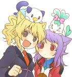  2girls animal_ears blonde_hair cat_ears character_request chypre_(heartcatch_precure!) crossover fang gundam gundam_00 heartcatch_precure! kemonomimi_mode multiple_girls necktie nori_senbei oshawott pokemon pokemon_(creature) ponytail precure purple_hair red_eyes umineko_no_naku_koro_ni ushiromiya_jessica 