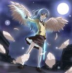  feathers makisige moon school_uniform silver_hair tachibana_kanade weapon wings yellow_eyes 