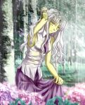 fate/hollow_ataraxia fate/stay_night fate_(series) flower forest hitoha hydrangea nature necktie rain white_hair yellow_eyes 