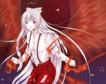  colored_eyelashes eyelashes fire fujiwara_no_mokou hair_ribbon lips long_hair long_sleeves mare_hane red_eyes ribbon smile solo touhou wings 