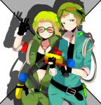  armband ayase08 belt bokura_no_16bit_warz_(vocaloid) closed_eyes crop_top dog_tags dogtags dual_persona frown genderswap gloves goggles goggles_on_head green_eyes green_hair grin gumi gumiya gumo gun headset holster jumpsuit midriff ok ok_sign pun2 rope shadow short_hair smile star vocaloid weapon 