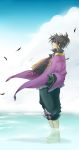  absurdres barefoot black_hair hibino_chitose hidden_eyes highres male ponytail raven sky solo tales_of_(series) tales_of_vesperia water 