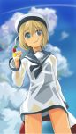  1girl alternate_costume blonde_hair blue_eyes candy clouds condensation_trail erica_hartmann hat kamereon_three lollipop looking_at_viewer military military_uniform sailor_cap short_hair sky smile solo strike_witches uniform 