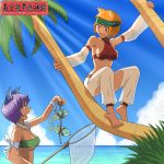  animal_ears barefoot beach blush bra cat_ears collar dark_skin detached_sleeves feet fish headband jewelry lingerie ocean orange_hair palm_tree purple_hair see-through short_hair smile tree tribal 