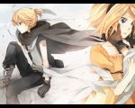  blue_eyes cape gloves hair_ornament hairclip kagamine_len kagamine_rin kimi_ni_sasagu_fantasia_(vocaloid) short_hair siblings sitting tama_(songe) tears twins vocaloid 