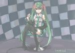  aharan bad_id boots checkered checkered_background detached_sleeves green_eyes green_hair hatsune_miku long_hair microphone necktie sitting skirt solo thigh-highs thigh_boots thighhighs twintails very_long_hair vocaloid 