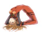  1girl arched_back bad_id blue_eyes bodysuit brown_hair hand_behind_head kneeling long_hair maruki_(punchiki) neon_genesis_evangelion plugsuit shikinami_asuka_langley simple_background solo souryuu_asuka_langley yoga 