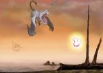  aerial_battle aerodactyl attack battle bubble mew nature no_humans pokemon rayquaza sunset tomo_ikasama 