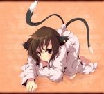  animal_ears aruu_(memories) barefoot blush brown_eyes brown_hair cat_ears cat_tail chen down_blouse jewelry messy_hair multiple_tails oversized_clothes pajamas shirt single_earring tail touhou 