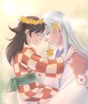  1girl age_difference brown_hair checkered closed_eyes eyelashes flower hair_flower hair_ornament head_wreath hexagon holding inuyasha long_hair pointy_ears profile rin_(inuyasha) sesshoumaru short_twintails side_ponytail signature silver_hair smile tokiko_(psychopomp) touching twintails 