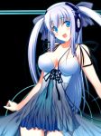  bare_shoulders blue_eyes breasts cleavage dress headphones highres large_breasts long_hair open_mouth original smile solo twintails white_hair 