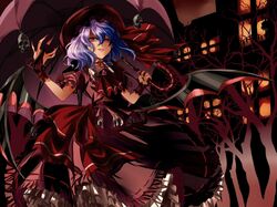  blue_hair flandre_scarlet hat highres karlwolf red_eyes remilia_scarlet short_hair siblings sisters solo touhou umbrella when_you_see_it wings 