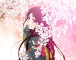  black_hair branch cherry_blossoms japanese_clothes kimono long_hair nagi_kanami original petals red_eyes smile solo 